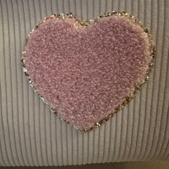 Cream corduroy makeup cosmetic travel pouch w pink heart with glitter patch NWOT - Picture 2 of 8